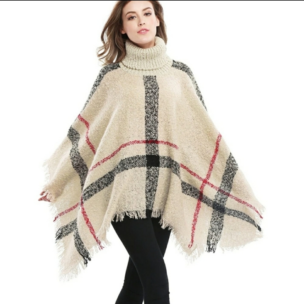 Plaid Poncho Shawl Turtleneck OS Beige Plaid NWT - Picture 1 of 6